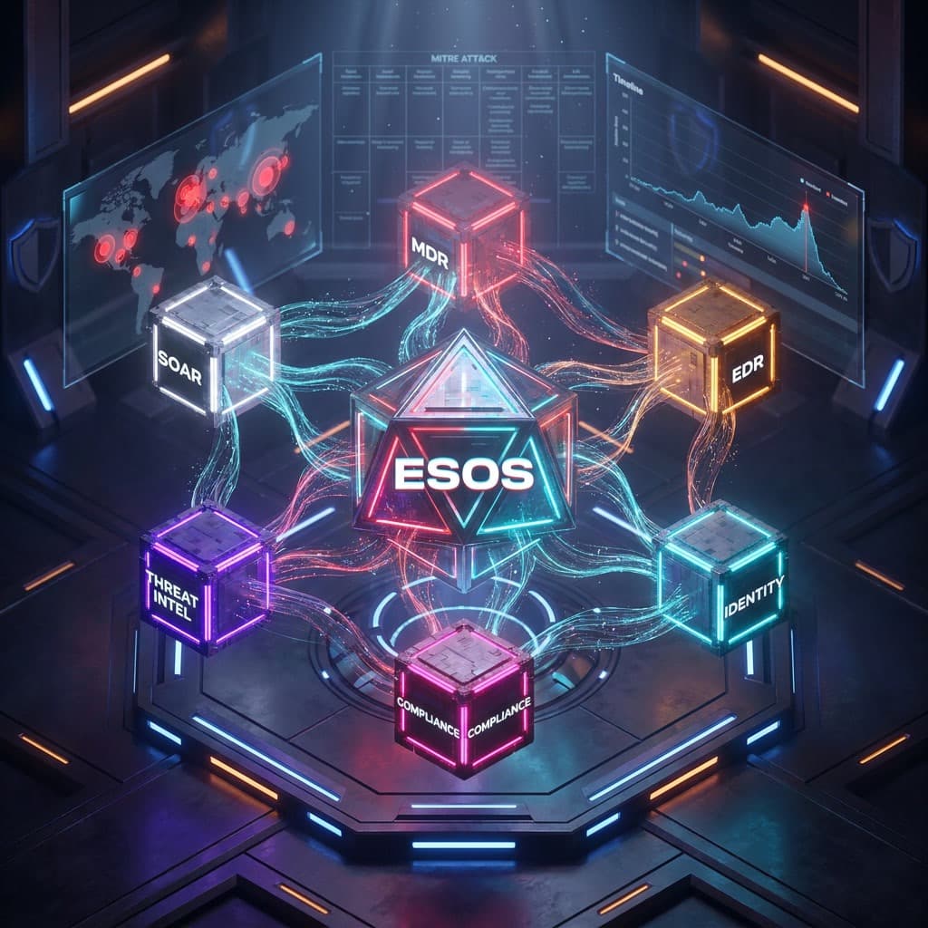ESOS Security Operations architecture: central core + MDR, EDR, IDENTITY, COMPLIANCE, THREAT INTEL, SOAR agents