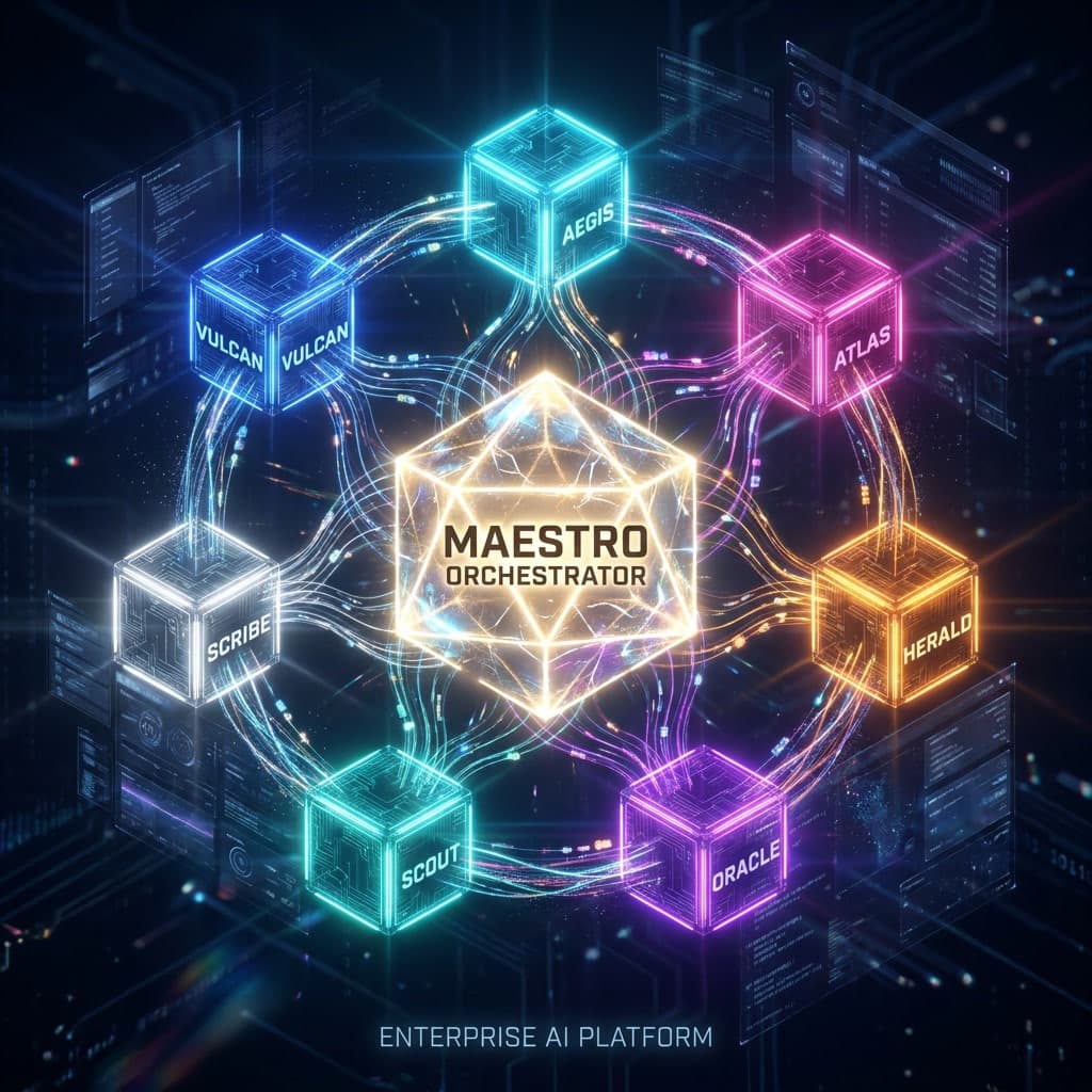 MAESTRO multi-agent orchestration architecture — central orchestrator core surrounded by seven specialist agent nodes
