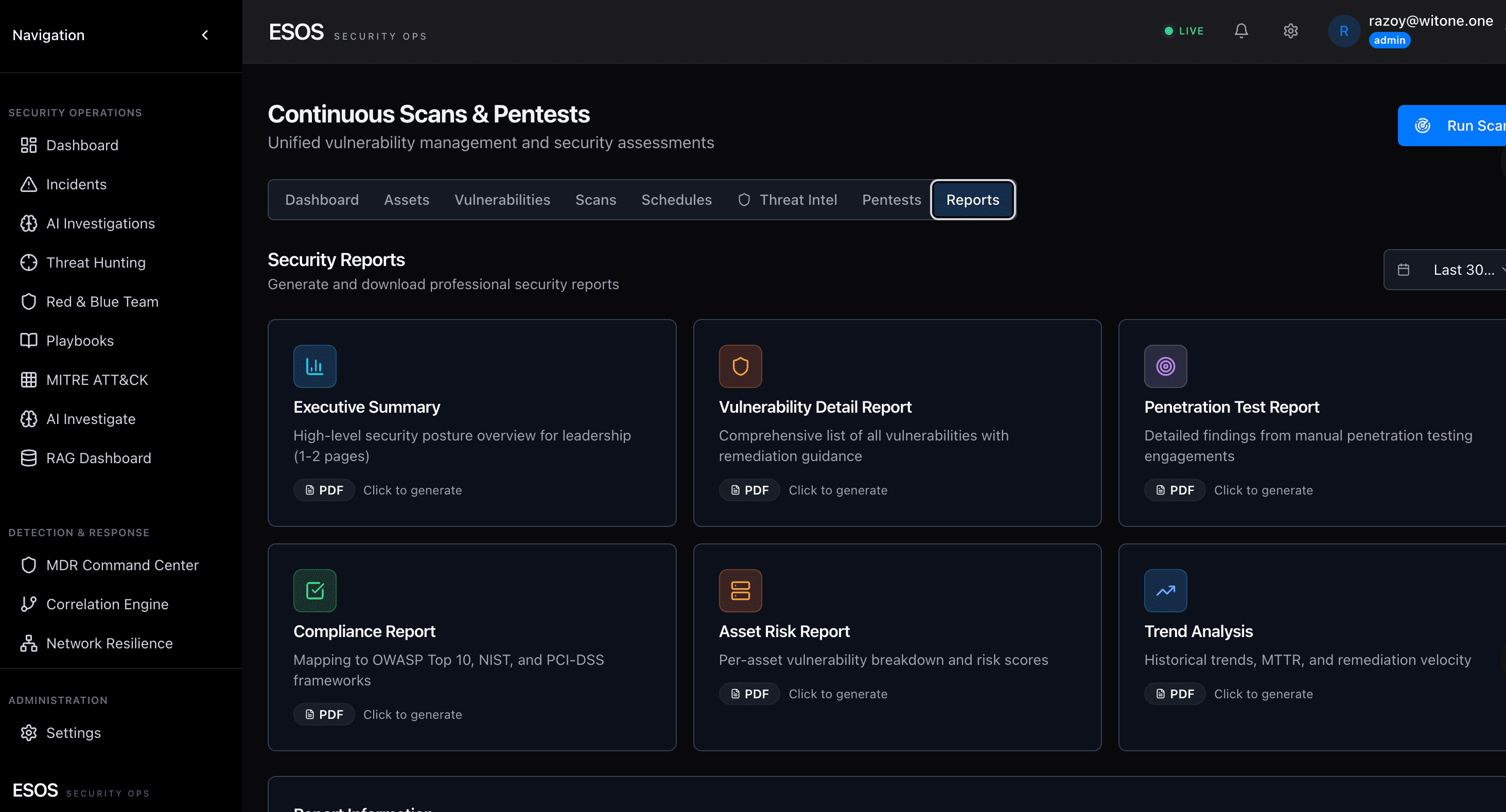 ESOS Vulnerability Management cockpit — prioritized CVE remediation queue with EPSS / KEV / reachability